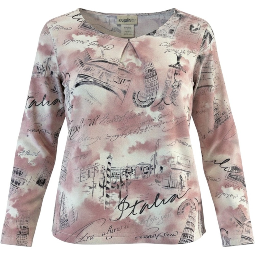 TravelSmith Womens Large Italia Sketch Print Artwear Top Pink Black European